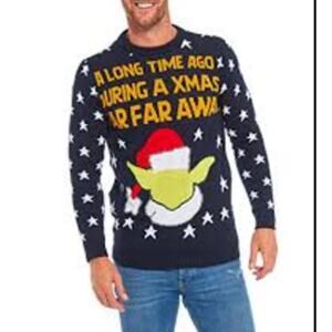 Merry Christmas Men's Holiday Sweater Blue Star Print Baby Yoda Pullover Size M